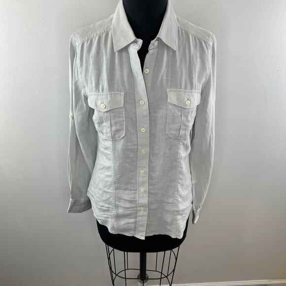 CLUB MONACO Button Down Top Shirt Blouse Gray Linen Long Sleeve Pockets Size? - Picture 2 of 8